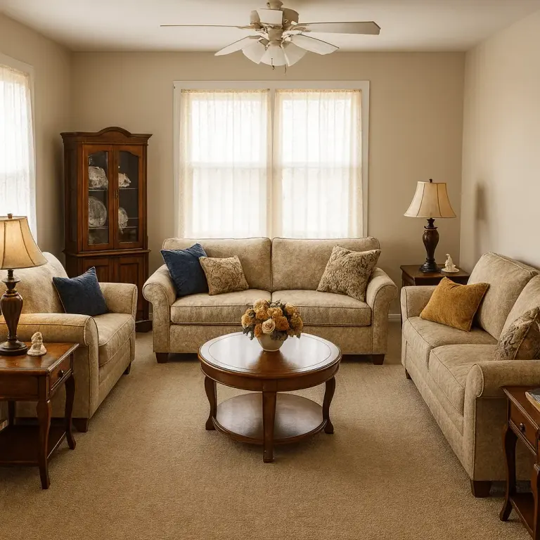Furnished living room with sofa, armchairs and clear floor space