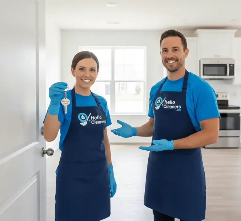 Two Hello Cleaners team members prepared for a move-in cleaning job