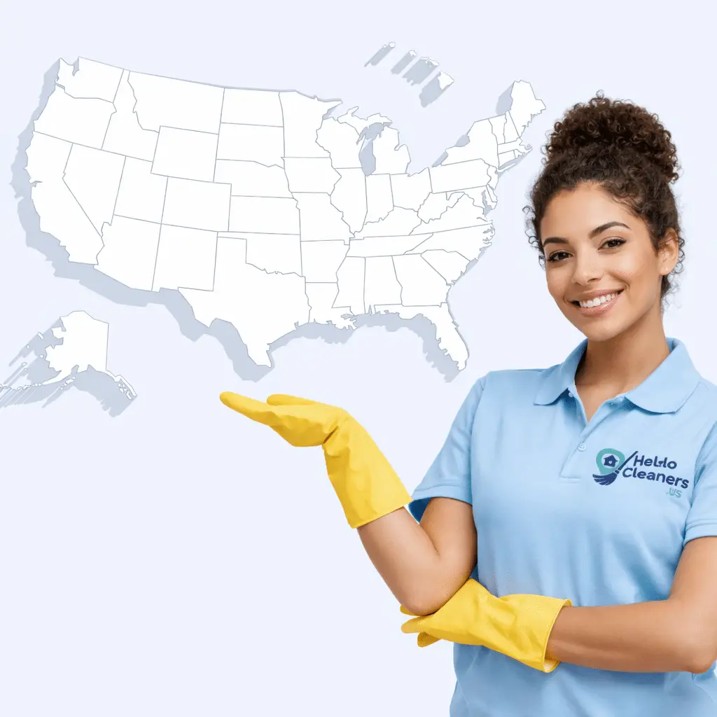 Map of the USA highlighting the nationwide states served by Hello Cleaners nationwide cleaning services