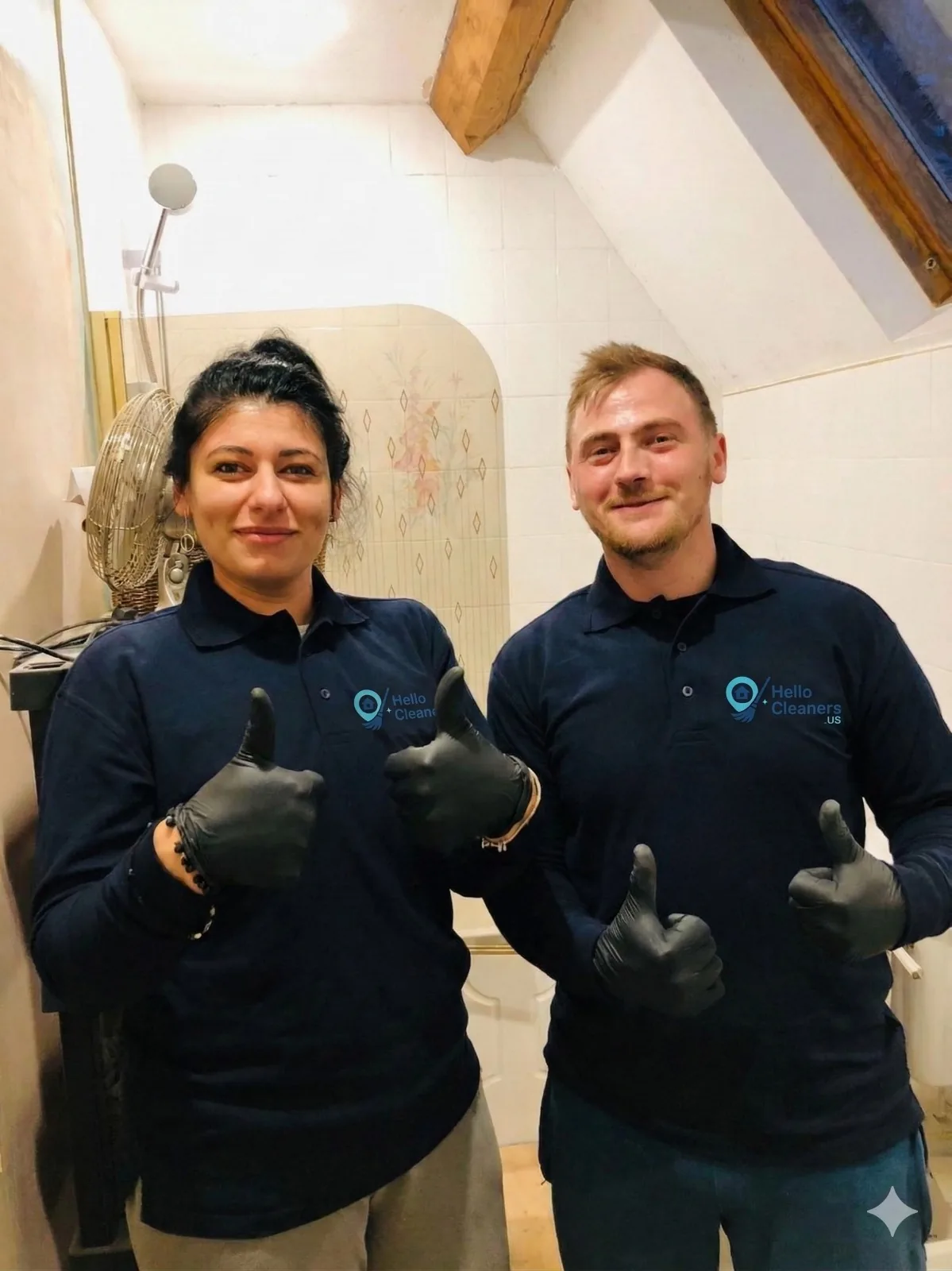 Two Hello Cleaners cleaners in gloves giving a thumbs up in a bathroom they have just cleaned